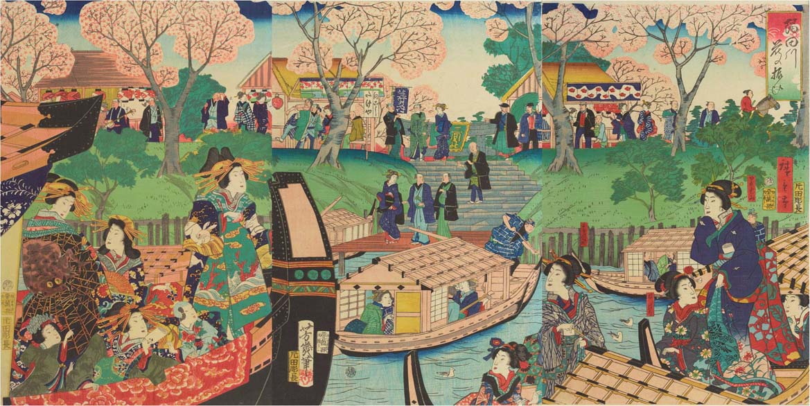 桜と屋形船の浮世絵